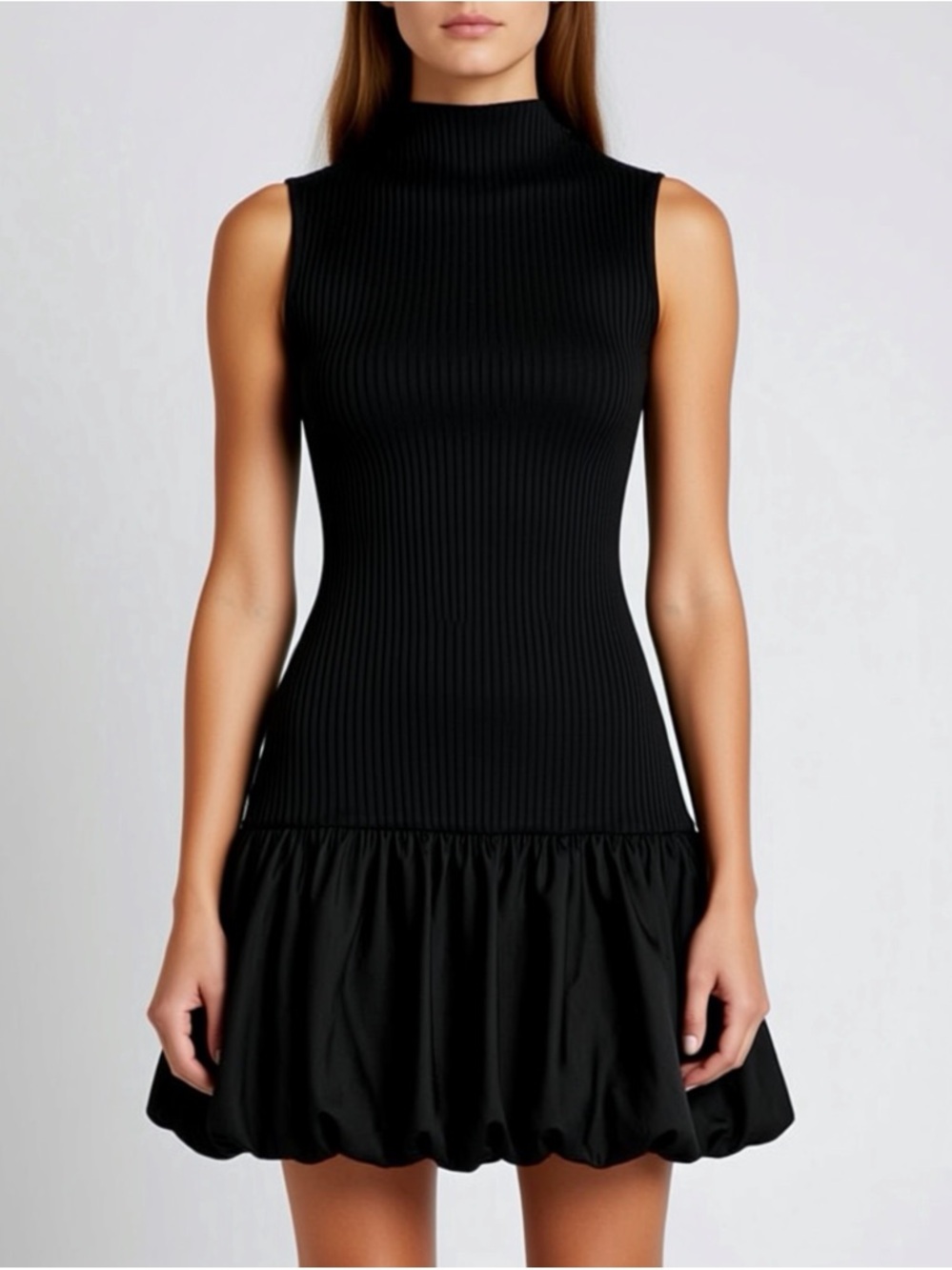 Black ribbed peplum hem tennis mini dress high neck open back